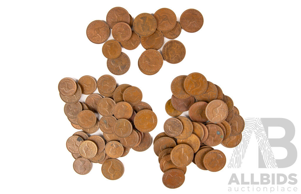 Collection of Australian QE2 Pennies and Half Pennies Spanning Years 1953 to 1960 with MacRobertson Chocolates Tin