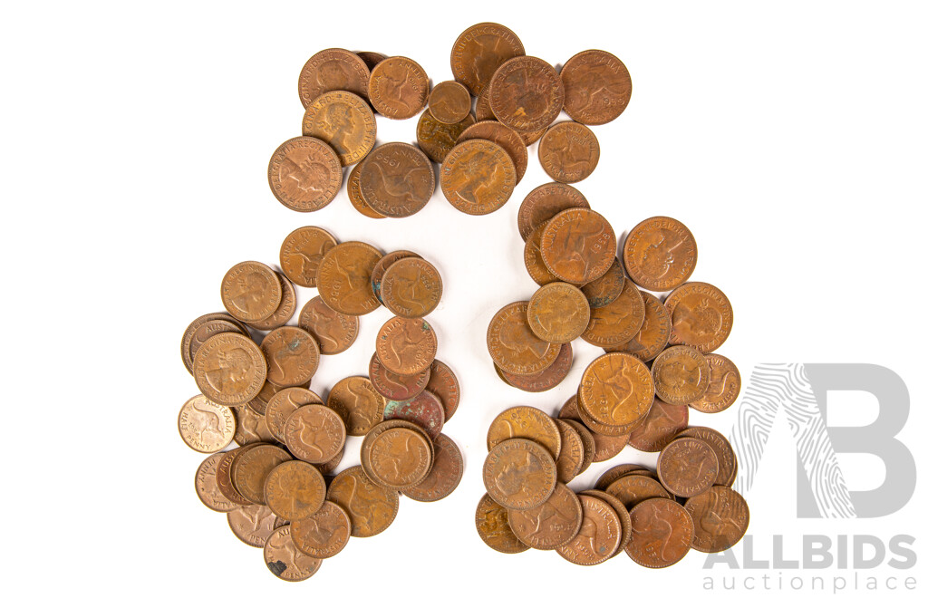 Collection of Australian QE2 Pennies and Half Pennies Spanning Years 1953 to 1960 with MacRobertson Chocolates Tin