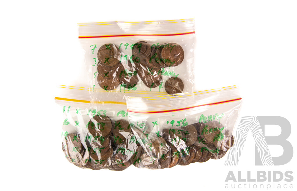 Collection of Australian QE2 Pennies and Half Pennies Spanning Years 1953 to 1960 with MacRobertson Chocolates Tin