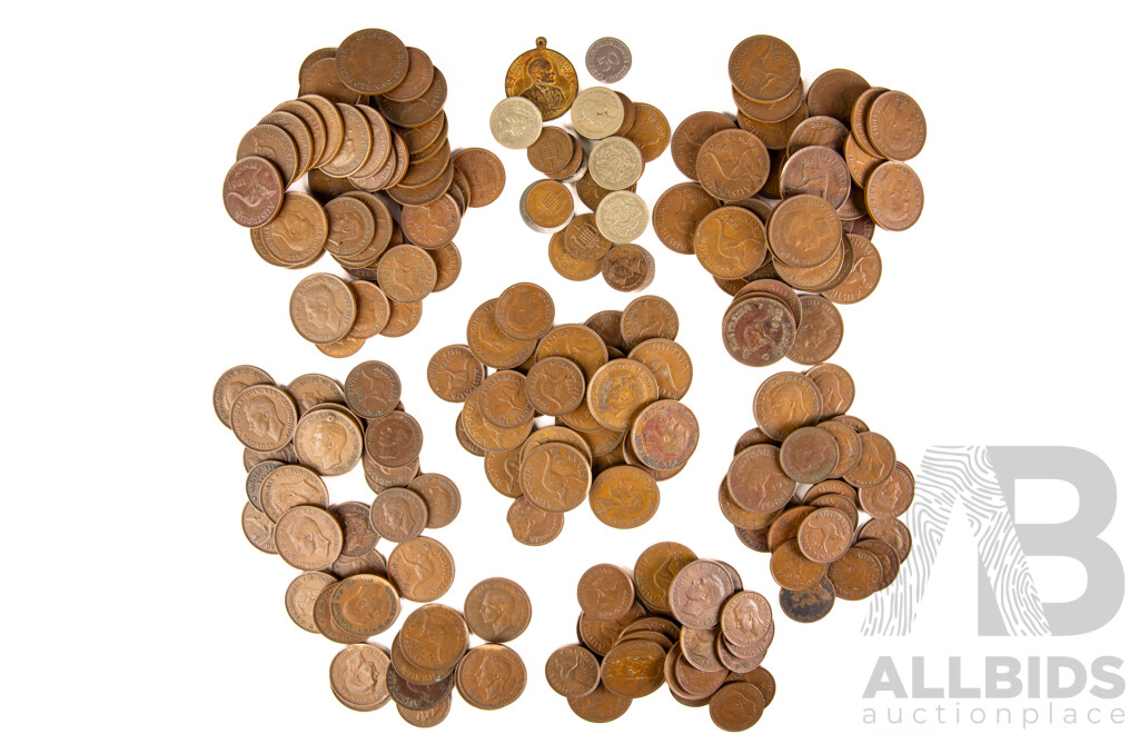 Collection of Australian KGV/KGVI Pennies and Half Pennies Spanning Years 1936 to 1952 with Newtown Jubilee Medallion and United Kingdom Coins