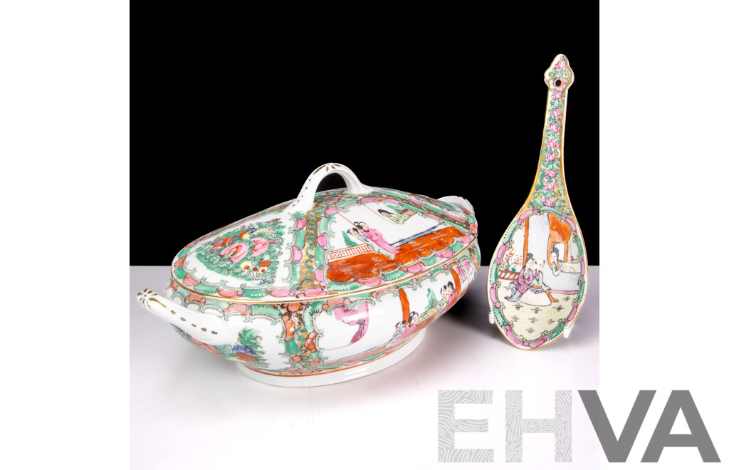 Hand Decorated Hong Kong Export Ware Famille Rose Porcelain Lidded Tureen and Serving Spoon
