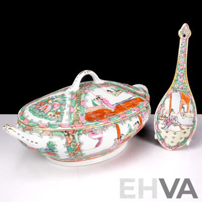 Hand Decorated Hong Kong Export Ware Famille Rose Porcelain Lidded Tureen and Serving Spoon