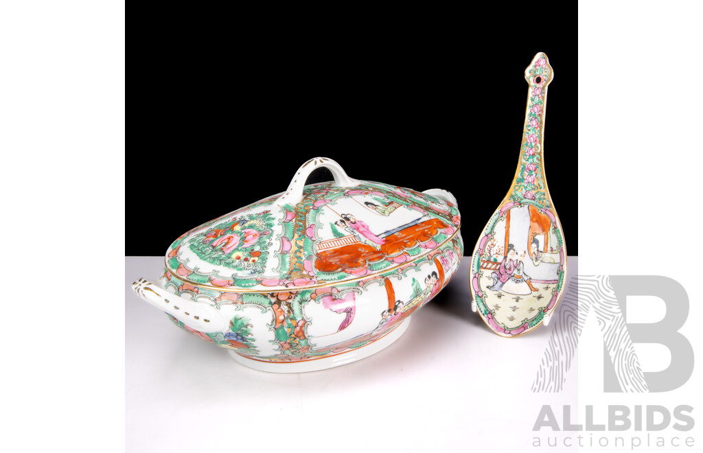 Hand Decorated Hong Kong Export Ware Famille Rose Porcelain Lidded Tureen and Serving Spoon