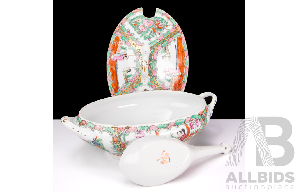Hand Decorated Hong Kong Export Ware Famille Rose Porcelain Lidded Tureen and Serving Spoon