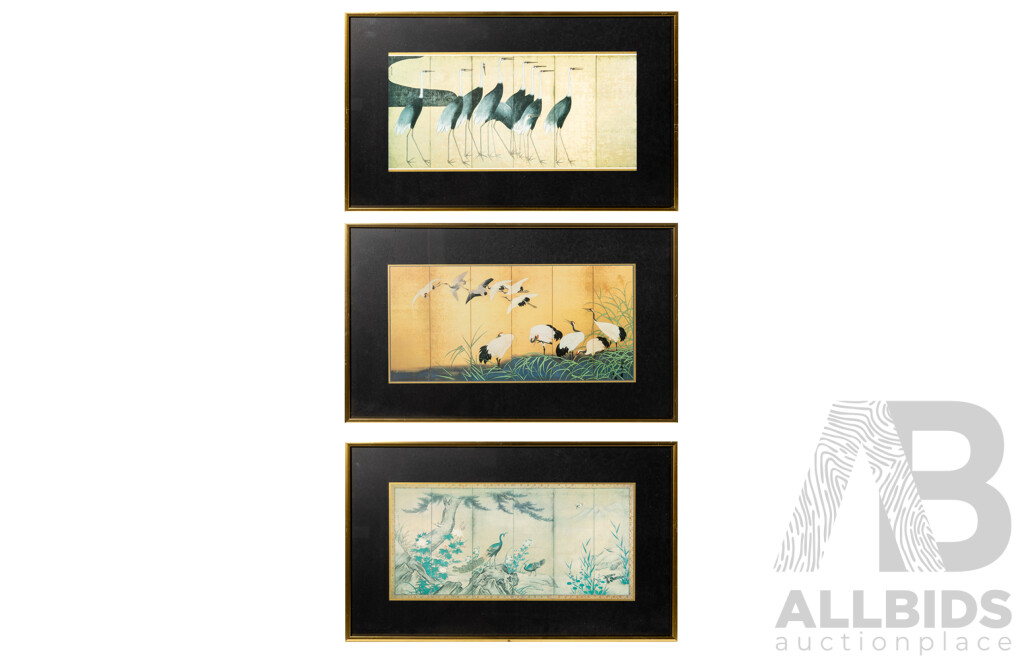 Artist Unknown, (20th Century), Cranes, Cranes & Reeds & Peacocks, Trio of Lovely Vintage Prints, 31 x 51 cm (frames) (3)