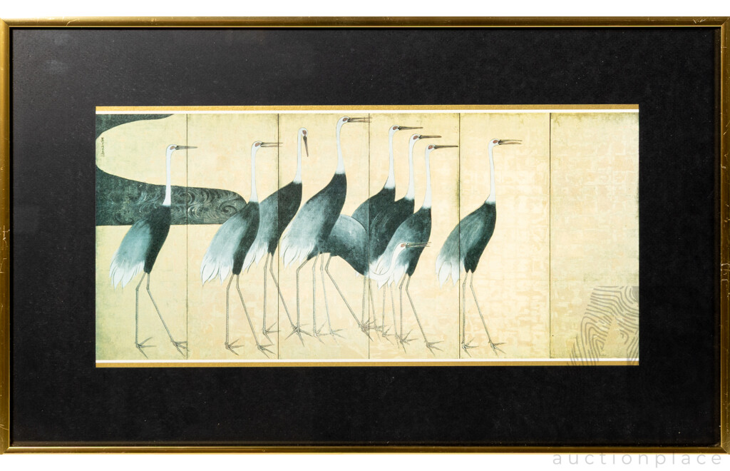 Artist Unknown, (20th Century), Cranes, Cranes & Reeds & Peacocks, Trio of Lovely Vintage Prints, 31 x 51 cm (frames) (3)