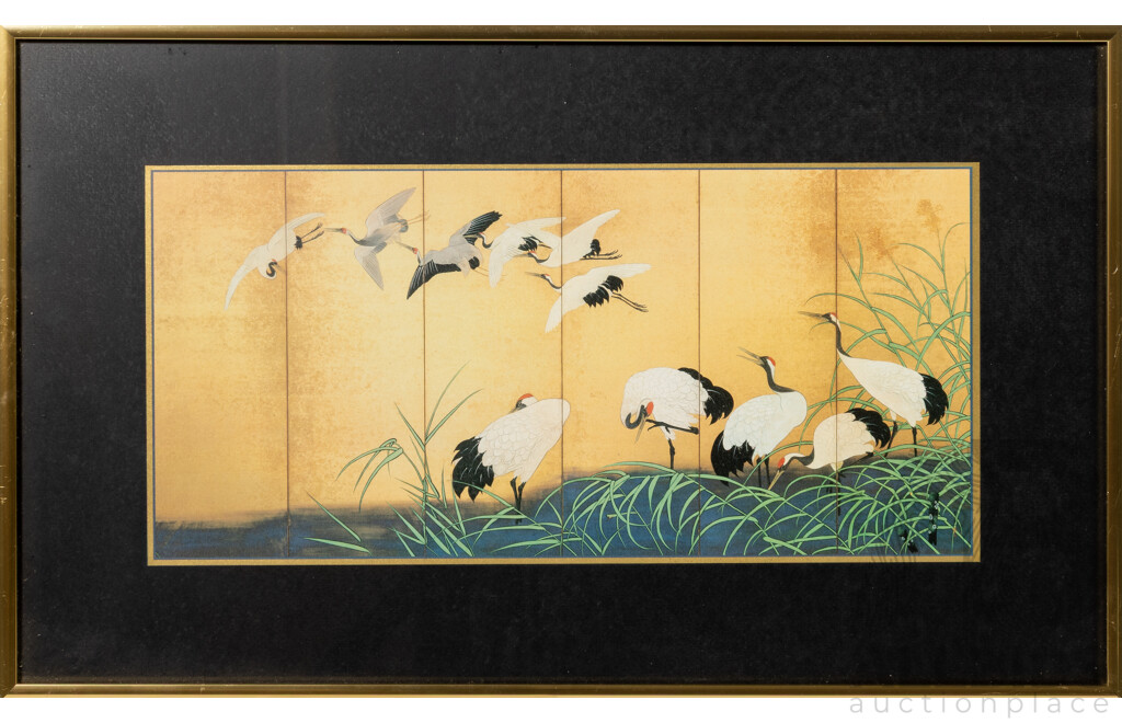 Artist Unknown, (20th Century), Cranes, Cranes & Reeds & Peacocks, Trio of Lovely Vintage Prints, 31 x 51 cm (frames) (3)