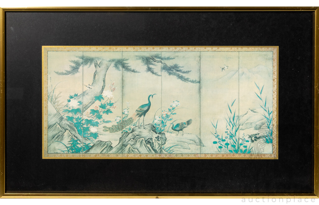 Artist Unknown, (20th Century), Cranes, Cranes & Reeds & Peacocks, Trio of Lovely Vintage Prints, 31 x 51 cm (frames) (3)