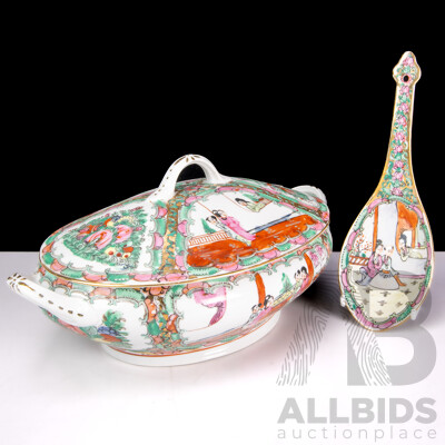 Hand Decorated Hong Kong Export Ware Famille Rose Porcelain Lidded Tureen and Serving Spoon