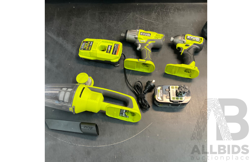 RYOBI RID18X  Impact Driver & R18IW Impact Wrench & R18HVC Hand Vacuum with 1x Battery and 1x Charger in Carry Bag