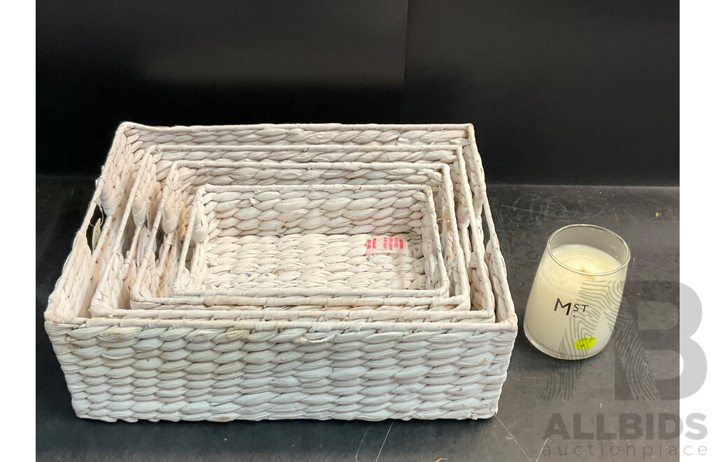 4 X White Wicker Baskets and 1 X M.ST Candle