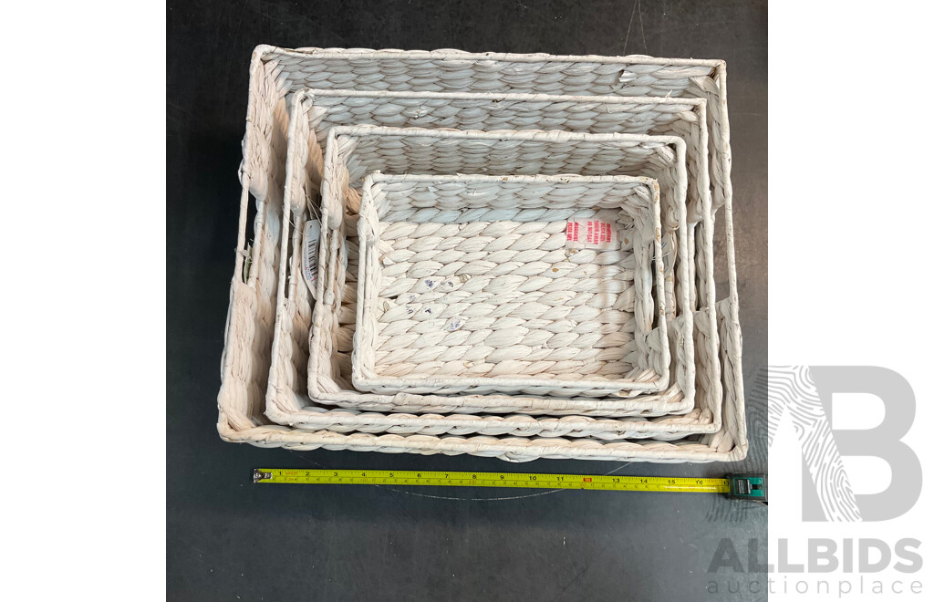 4 X White Wicker Baskets and 1 X M.ST Candle
