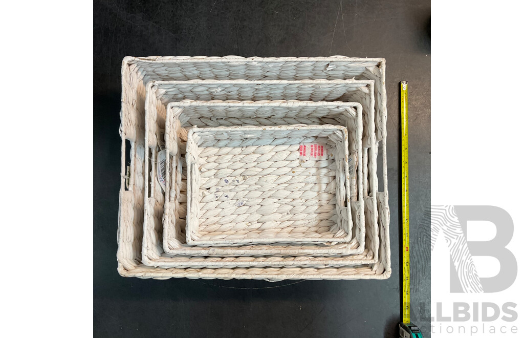 4 X White Wicker Baskets and 1 X M.ST Candle