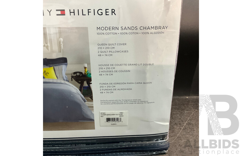 TOMMY HILFIGER Modern Sands Chambray Queen Quilt Cover Set Blue - RRP $299.95