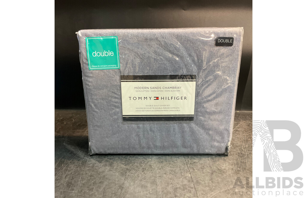 TOMMY HILFIGER Modern Sands Chambray Double Quilt Cover Set Blue - RRP $279.95