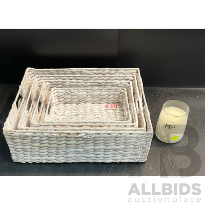 4 X White Wicker Baskets and 1 X M.ST Candle