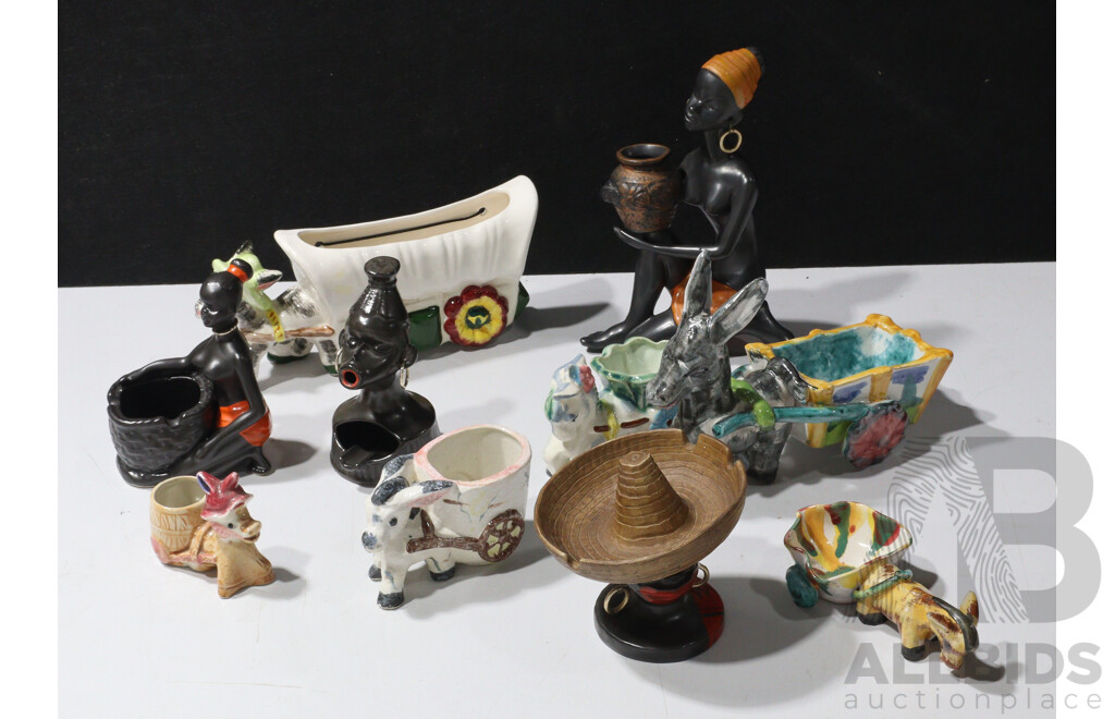 Collection Retro Kitsch Ceramic Donkey with Cart and Black Lady Figures