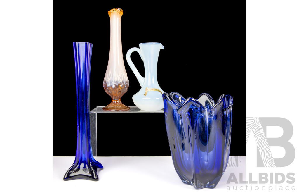 Collection Retro Art Glass Including Opalina Fiorentina Jug, Blue Heavy Based Splash Form Example and More