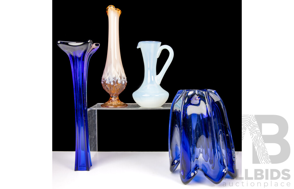 Collection Retro Art Glass Including Opalina Fiorentina Jug, Blue Heavy Based Splash Form Example and More