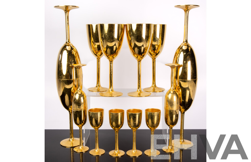 Retro Set Eight Tall & Eight Shorter Pewter Bronze Plated Goblets, Thailand