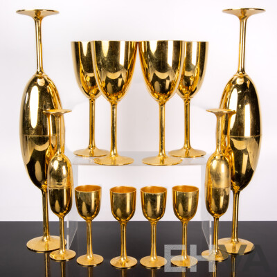 Retro Set Eight Tall & Eight Shorter Pewter Bronze Plated Goblets, Thailand