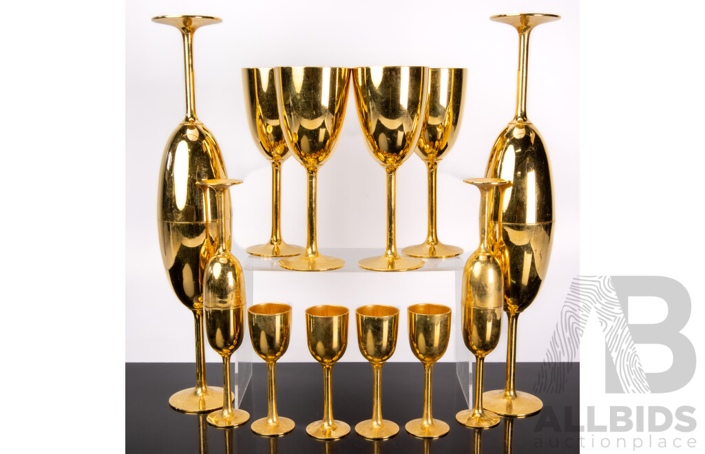 Retro Set Eight Tall & Eight Shorter Pewter Bronze Plated Goblets, Thailand
