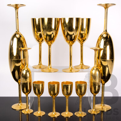 Retro Set Eight Tall & Eight Shorter Pewter Bronze Plated Goblets, Thailand