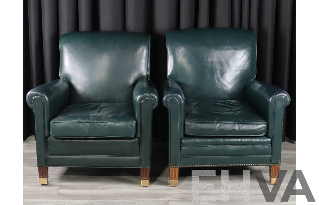 Pair of Georgian Style Green Leather Armchairs