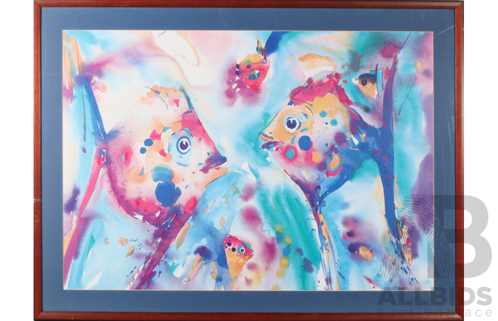 Large Framed Stylized Fish Print in the Style of 'Angel Fish' by Alfred Gockel
