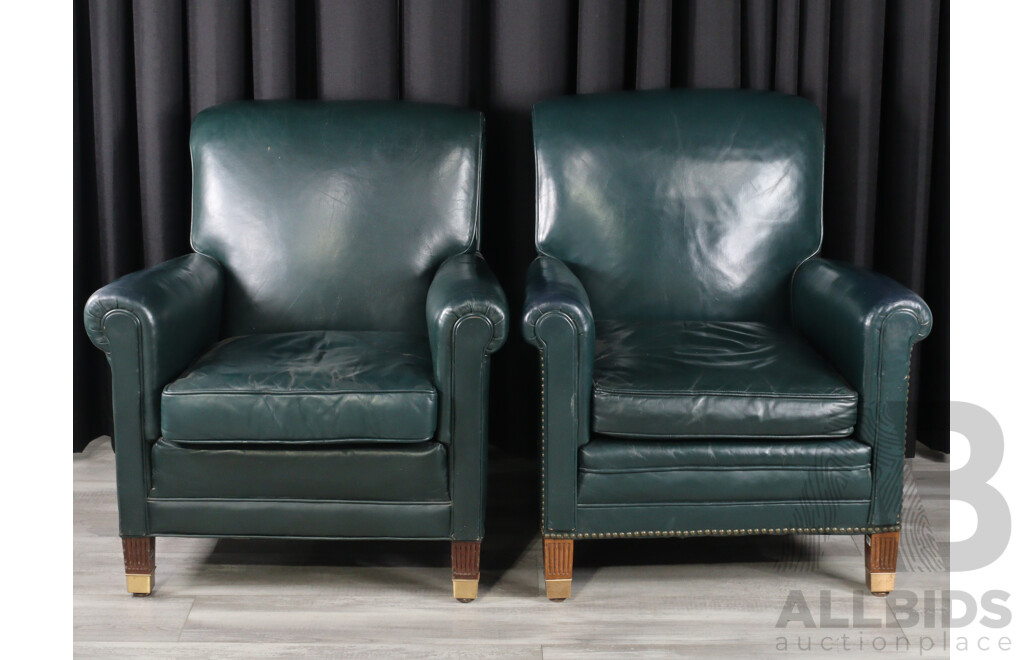 Pair of Georgian Style Green Leather Armchairs