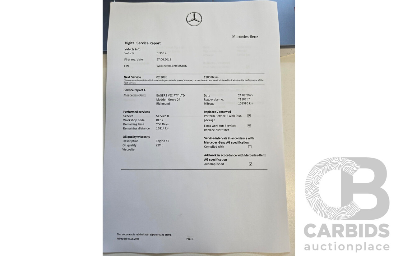 03/2018 Mercedes-Benz C350e 205 MY18 4D Sedan Obsidian Black Turbo 2.0L / 60kW Hybrid