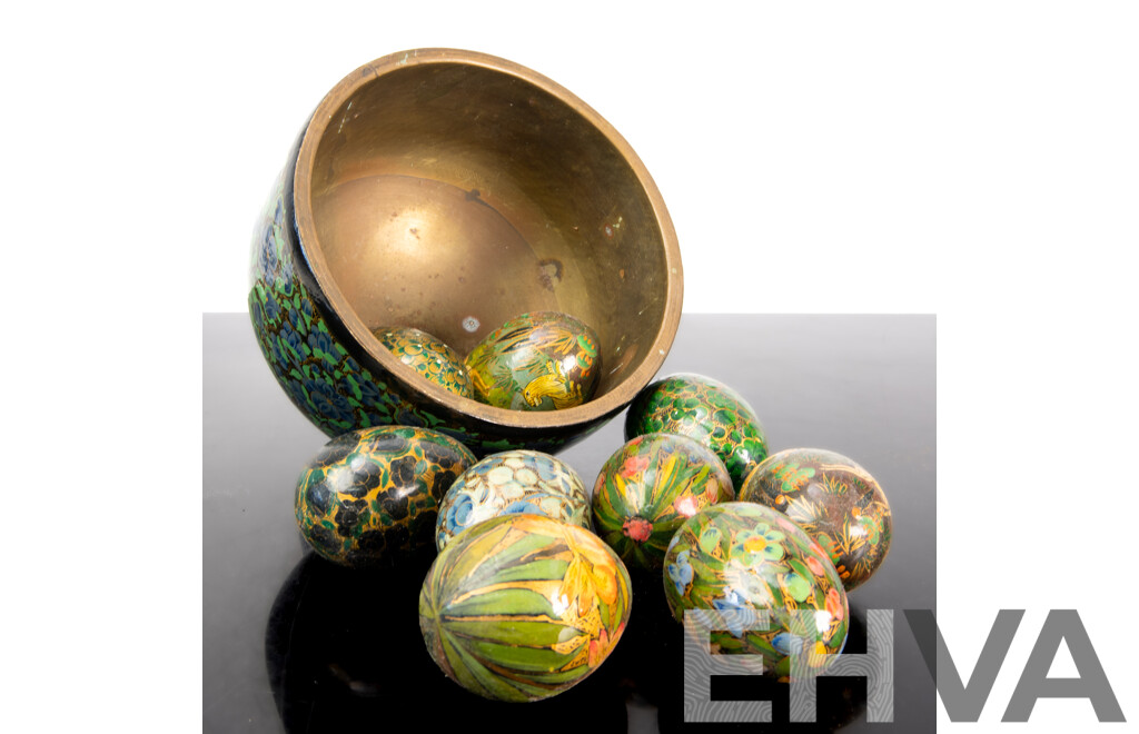 Vintage Kashmiri Copper and Lacquer Bowl with Collection Hand Decorated Lacquer Eggs