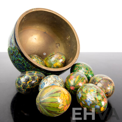 Vintage Kashmiri Copper and Lacquer Bowl with Collection Hand Decorated Lacquer Eggs
