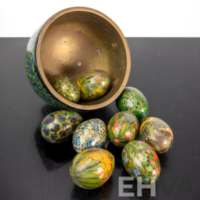 Vintage Kashmiri Copper and Lacquer Bowl with Collection Hand Decorated Lacquer Eggs