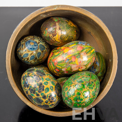 Vintage Kashmiri Copper and Lacquer Bowl with Collection Hand Decorated Lacquer Eggs