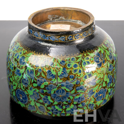 Vintage Kashmiri Copper and Lacquer Bowl with Collection Hand Decorated Lacquer Eggs