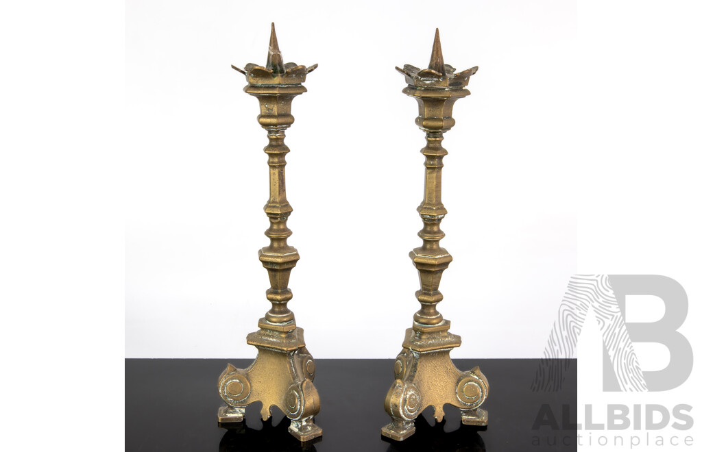 Pair Antique Hexagonal Form Brass Candle Holders