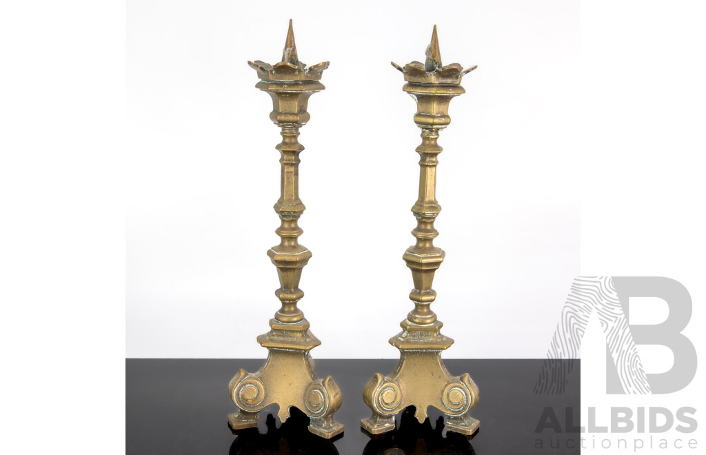 Pair Antique Hexagonal Form Brass Candle Holders