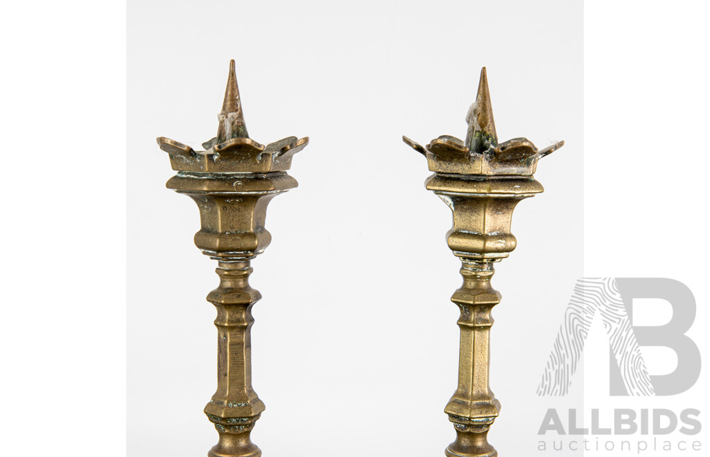 Pair Antique Hexagonal Form Brass Candle Holders