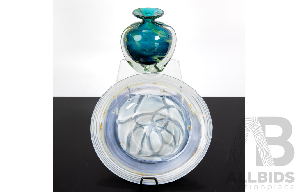 Retro Australian Studio Art Glass Bowl by John Walsh Along with Art Glass Vase by Mdina Glass
