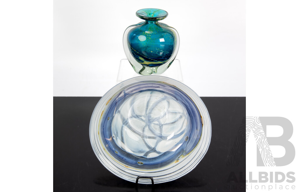 Retro Australian Studio Art Glass Bowl by John Walsh Along with Art Glass Vase by Mdina Glass