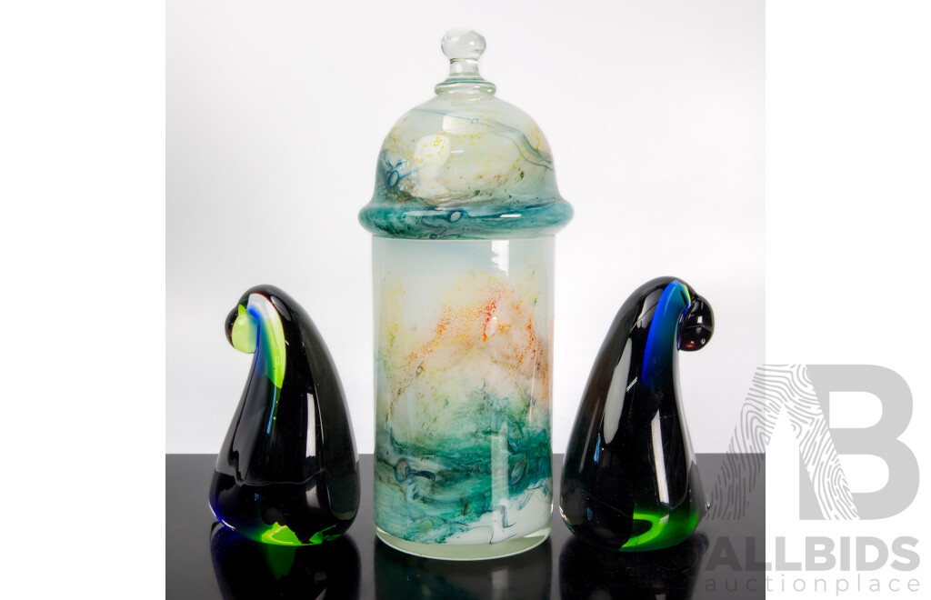 Retro Studio Art Glass Lidded Jar Along with Pair Art Glass Sommerso Sculptures by Murphy