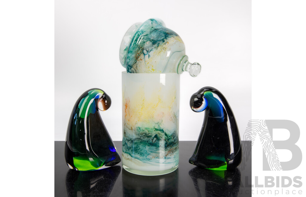 Retro Studio Art Glass Lidded Jar Along with Pair Art Glass Sommerso Sculptures by Murphy