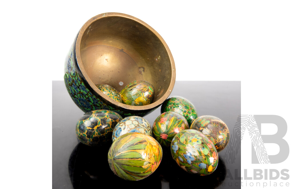 Vintage Kashmiri Copper and Lacquer Bowl with Collection Hand Decorated Lacquer Eggs