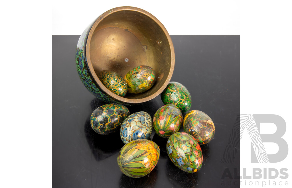 Vintage Kashmiri Copper and Lacquer Bowl with Collection Hand Decorated Lacquer Eggs