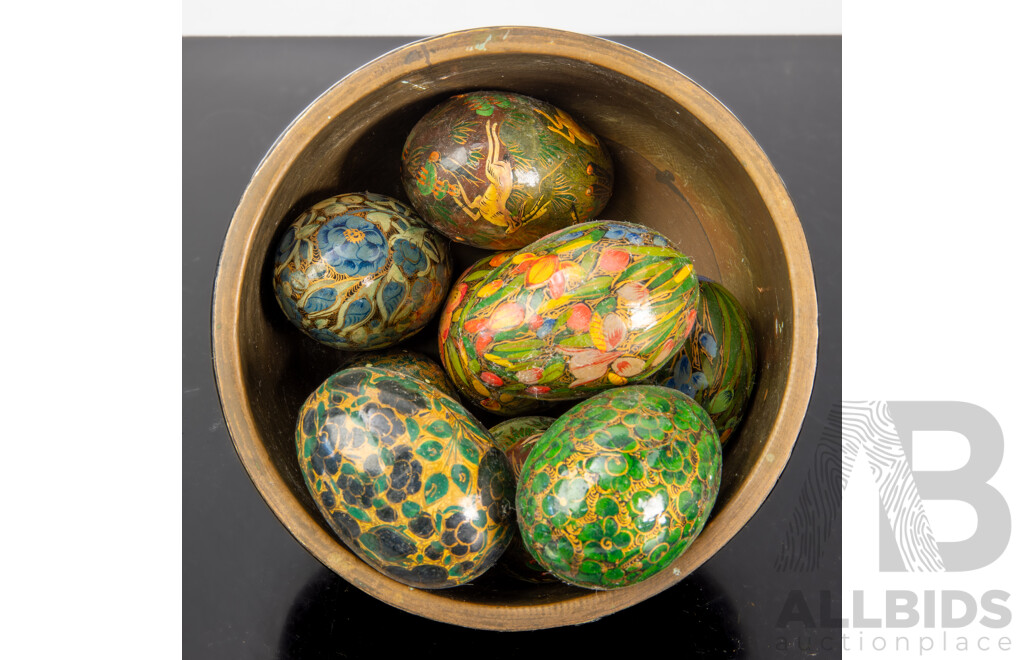 Vintage Kashmiri Copper and Lacquer Bowl with Collection Hand Decorated Lacquer Eggs