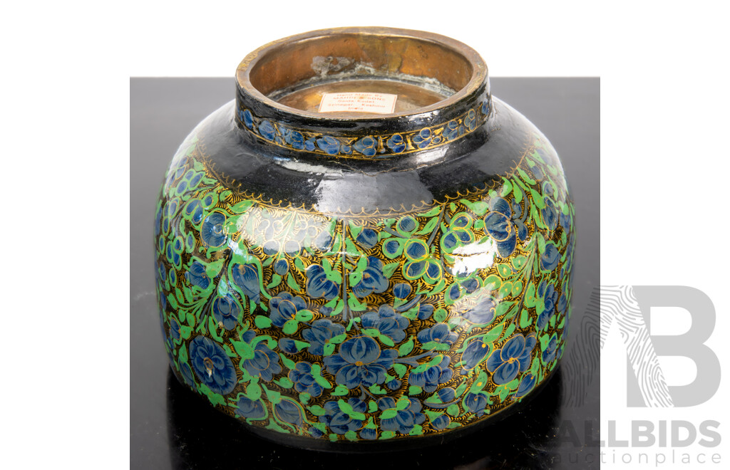 Vintage Kashmiri Copper and Lacquer Bowl with Collection Hand Decorated Lacquer Eggs