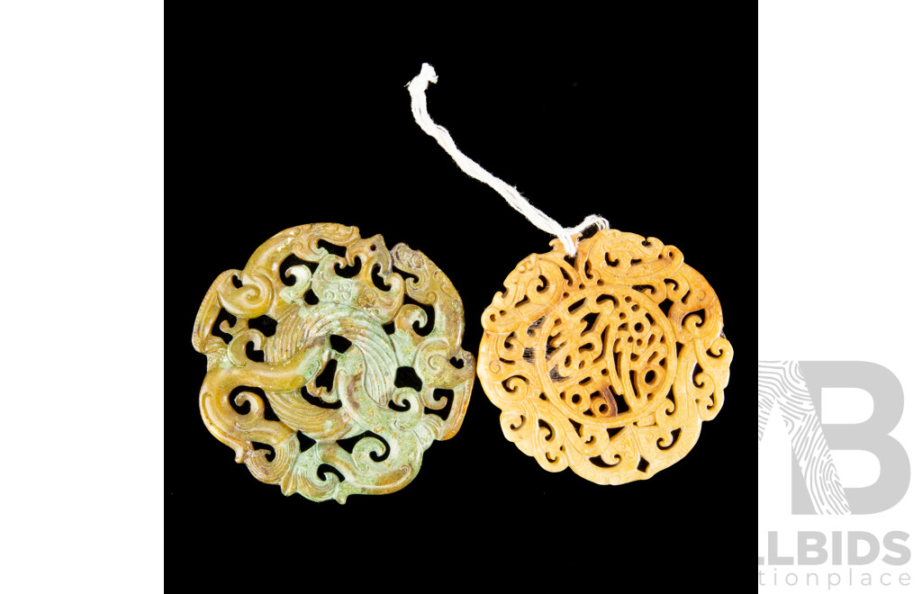 Two Fine Vintage Carved Chinese Soft Stone Pendants Including Green Example with Dragon Motif