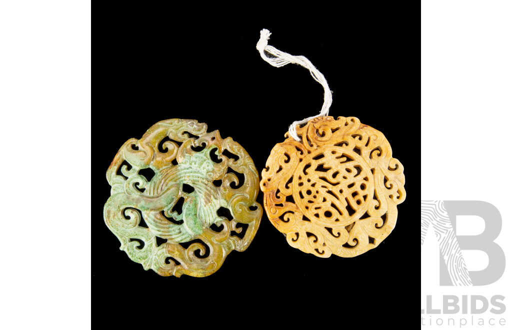 Two Fine Vintage Carved Chinese Soft Stone Pendants Including Green Example with Dragon Motif