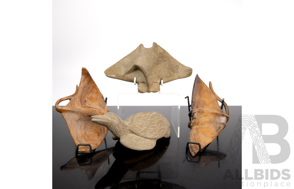 Collection Carved Solomon Solomon Islands Pieces Comprising Stone Bird, Three Manta Ray Figures Including Soft Stone Example